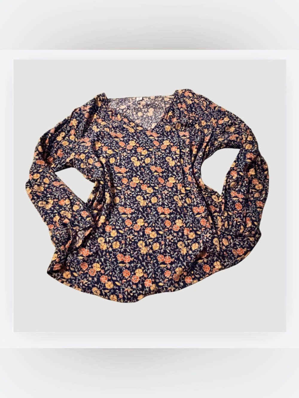 Old Navy Navy Floral V-Neck Long Sleeve Top, Orange & Yellow Flowers, Size XL